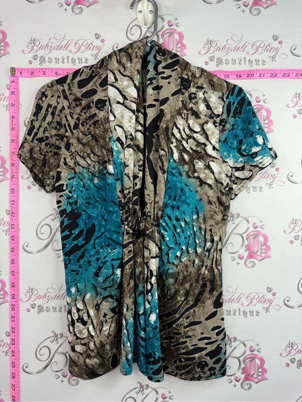 AHUVA tshirt Abstract Teal and Brown Short Sleeve V-Neck Blouse